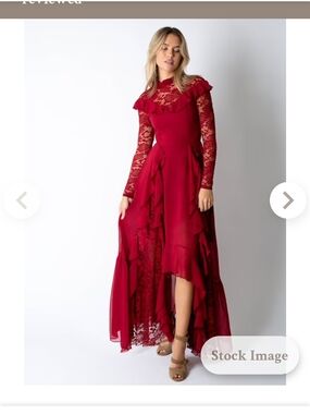 Joyfolie Red Lace Asymmetrical Ruffle Maxi Dress